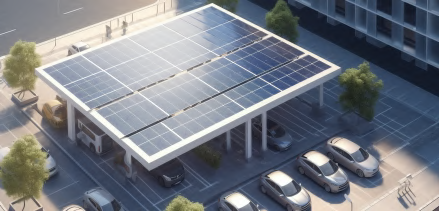 Solar panel carport with cars parked below in a city setting.
