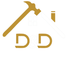 Gold hammer and pencil over a faint house outline with stylized D D letters below