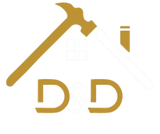 Gold hammer and pencil over a faint house outline with stylized D D letters below