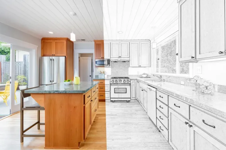 Bright white kitchen with wood island, stainless appliances, and marble countertops