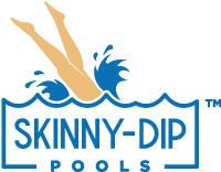 Pool Specialist Inc. The logo for skinny dip pools shows a person diving into the water.
