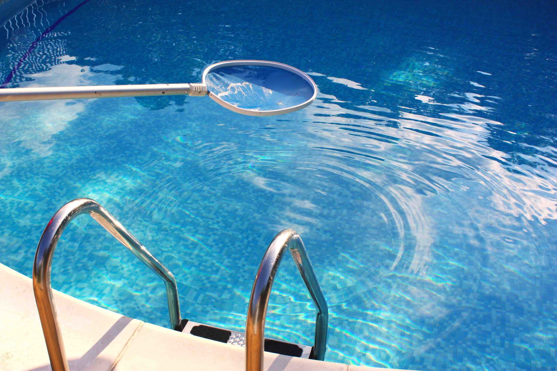 A swimming pool with a ladder and a net in it