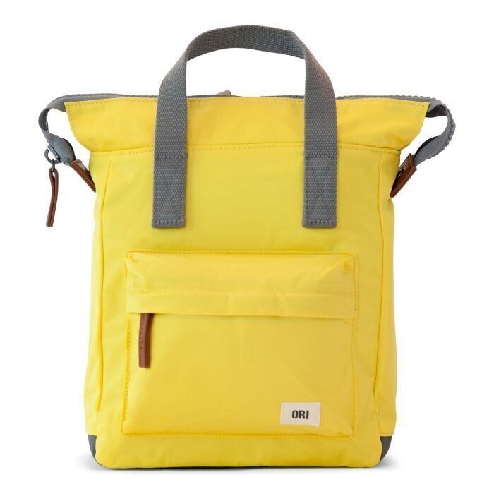 a yellow ori tote bag with grey handles