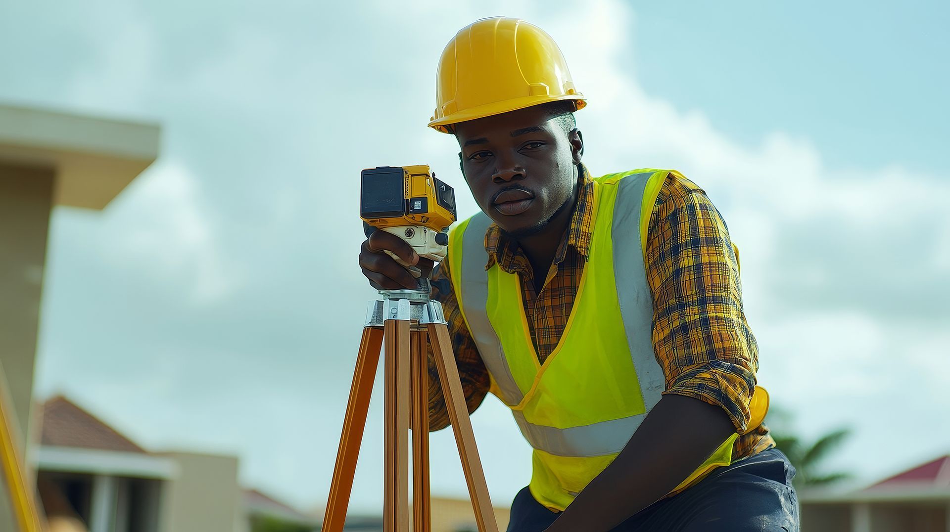 A construction worker in a yellow hard hat and high-visibility vest uses a surveying instrument on a tripod.
