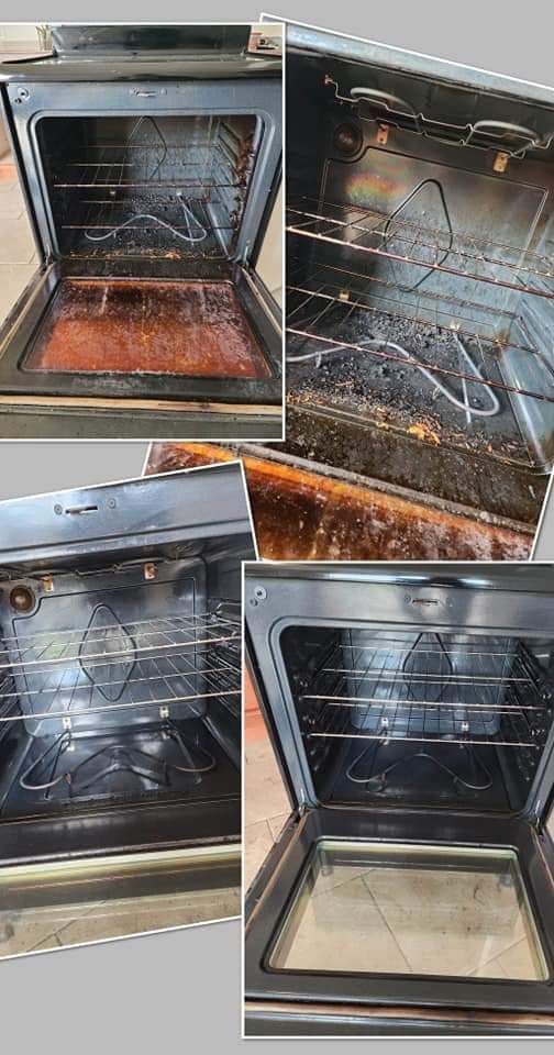 A collage of four pictures of an oven before and after being cleaned.