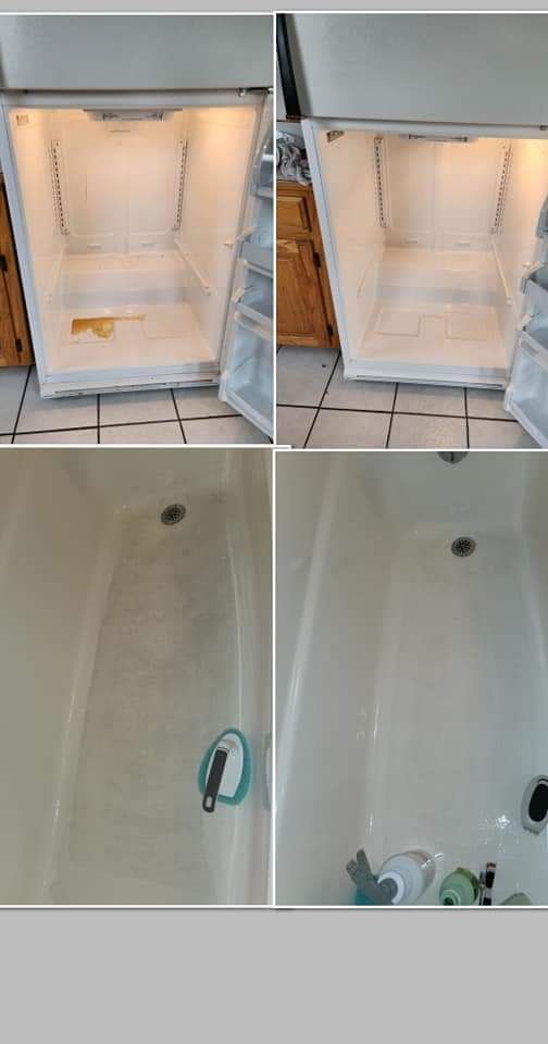 A before and after picture of a refrigerator and a bathtub.