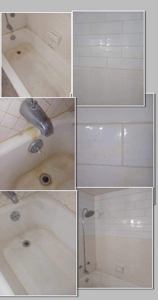A collage of pictures of a bathtub and shower.