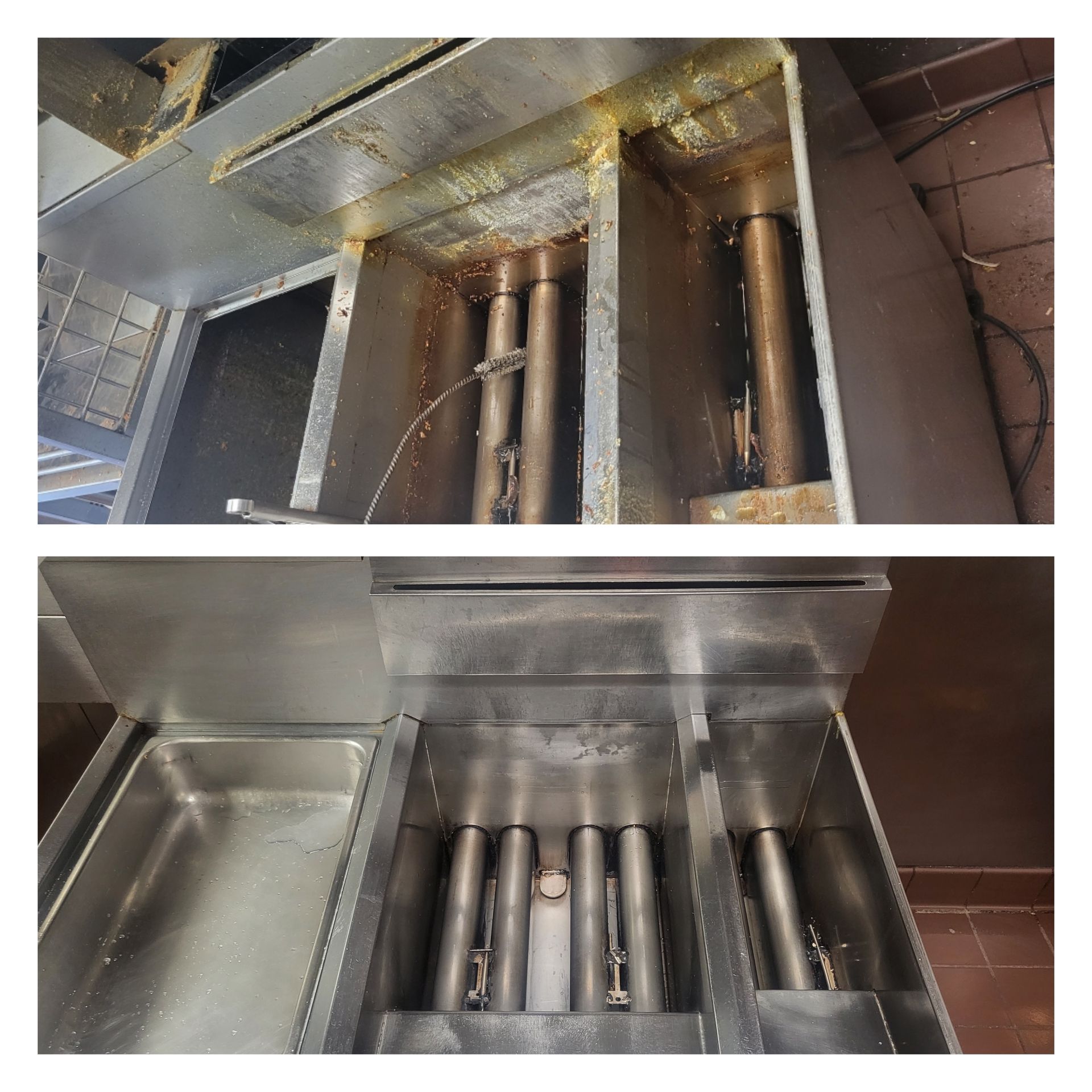 A before and after picture of a stainless steel fryer.