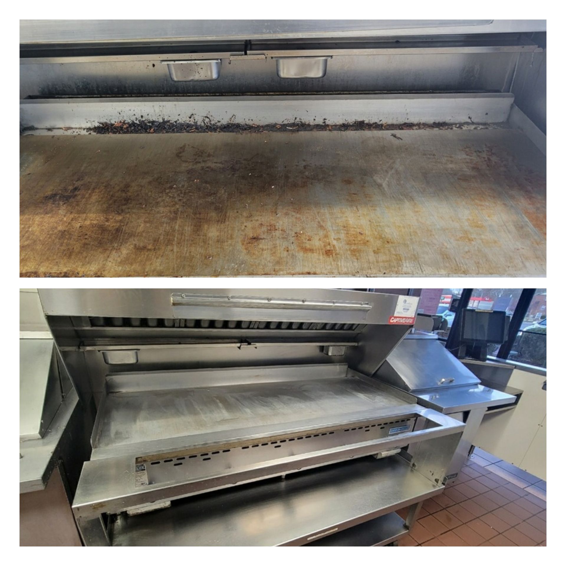 A before and after picture of a stainless steel grill in a kitchen.