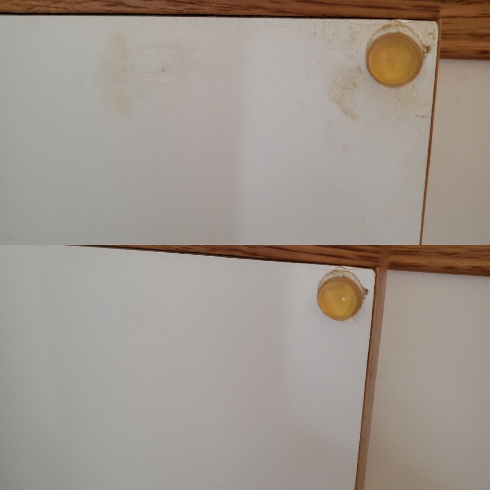 Two pictures of a white cabinet with yellow knobs