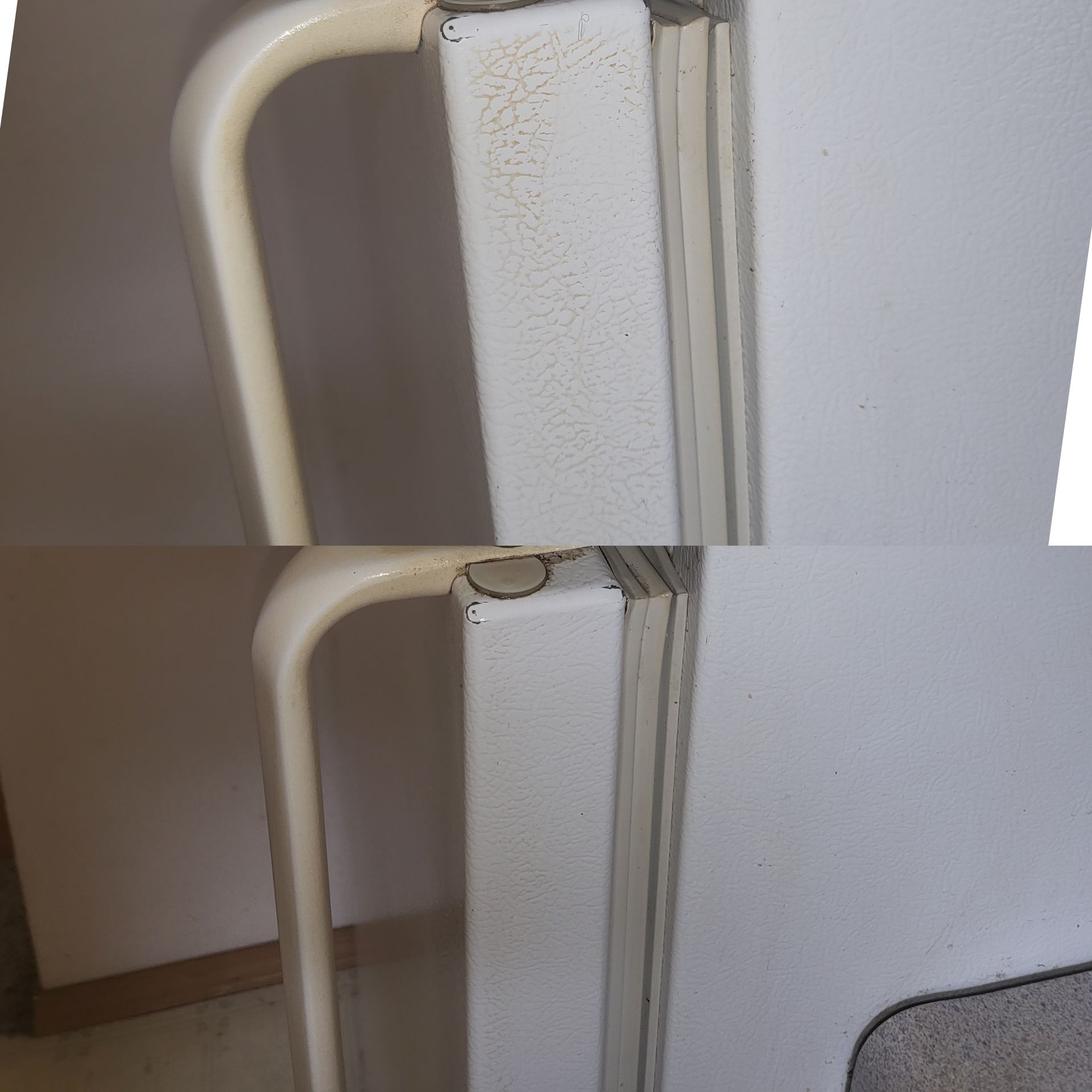 A before and after picture of a refrigerator door