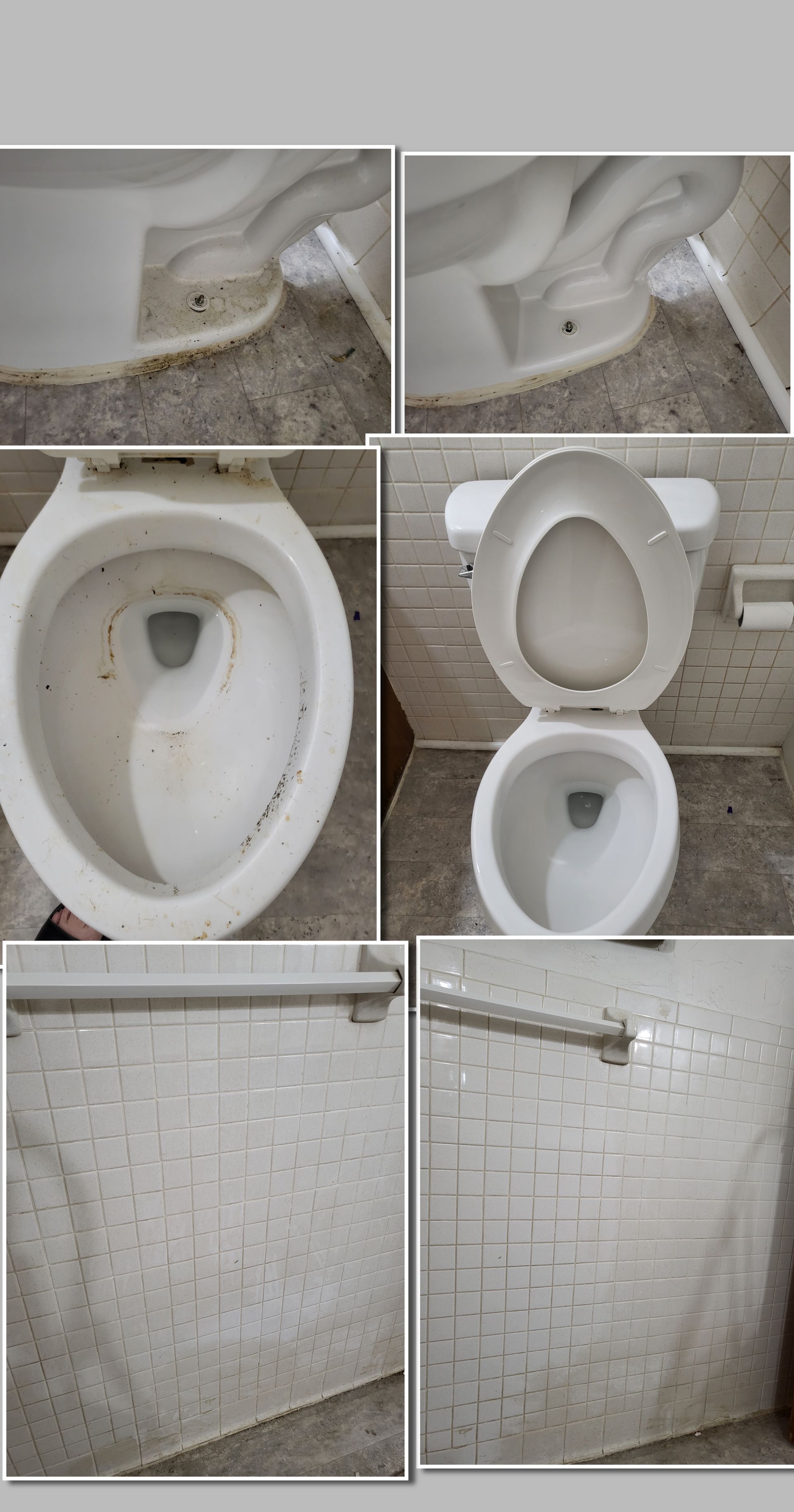 A collage of pictures of a toilet and a shower.