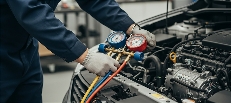 Mechanic checking air conditioning system on a car