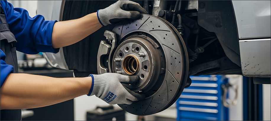 Mechanic working on brakes on a car
