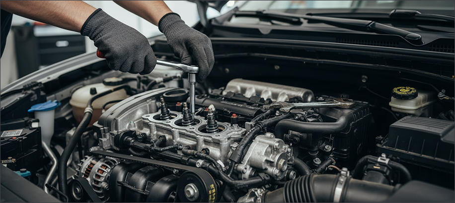 Mechanic working on a car engine