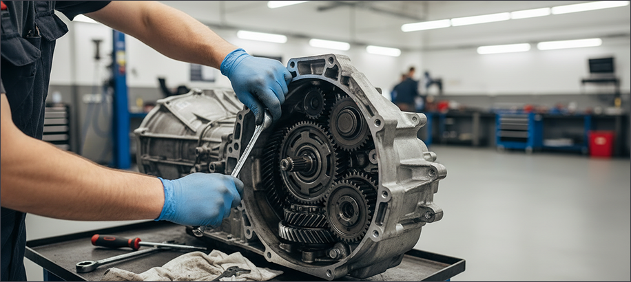 Mechanic working on a transmission