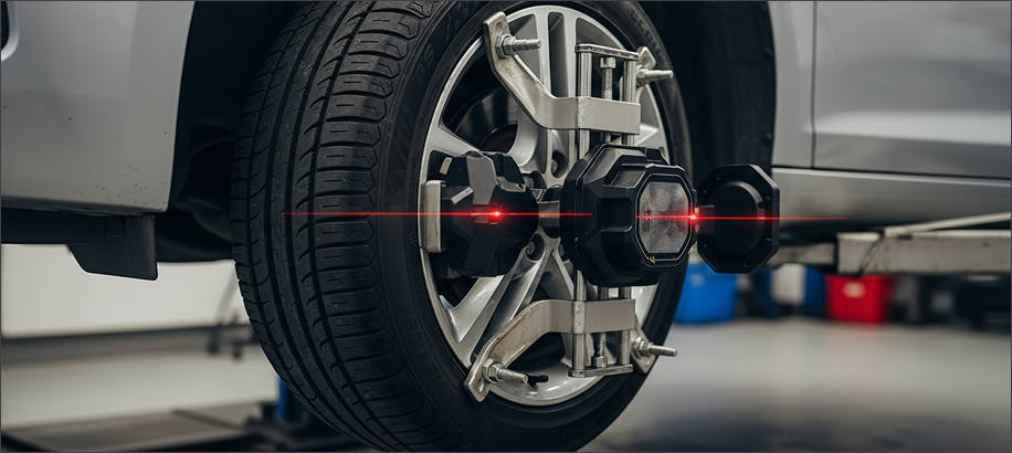 Car wheel bein aligned