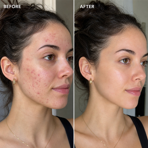 Side-by-side before-and-after facial close-up showing acne reduction and smoother skin.