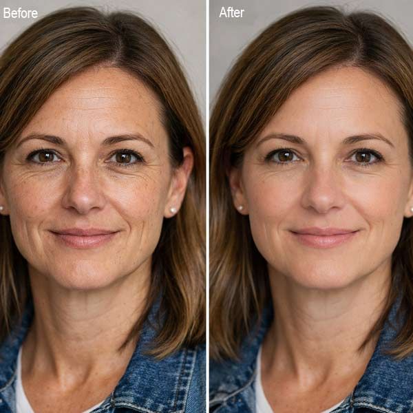 Side-by-side portrait labeled “Before” and “After,” showing subtle skin smoothing and a brighter facial tone from Fractional Laser Treatments