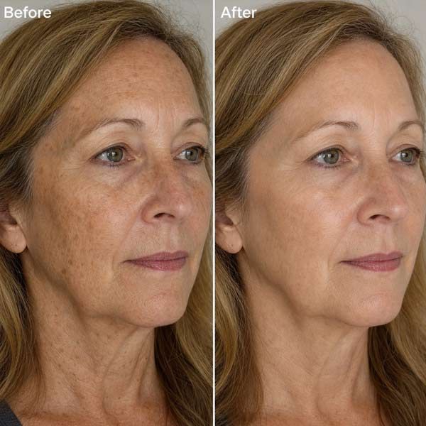 Side-by-side before-and-after portrait showing a woman with age spots and wrinkles with smoother skin in the after treatment