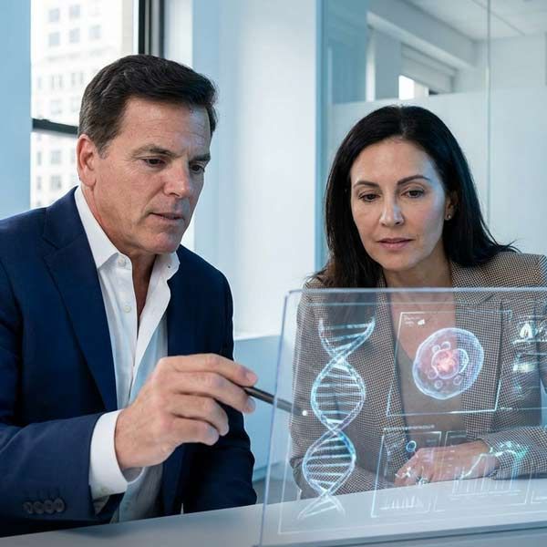 Dr. John Salerno is reviewing new longevity medicine tests with a female patient.