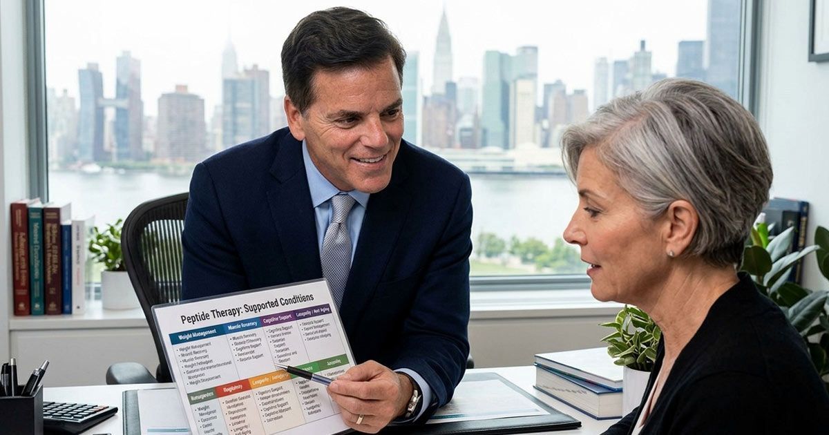 Dr. John Salerno is showing a female patient a Clinical Peptide Therapy NYC chart of Supported Conditions in his NYC doctors' office