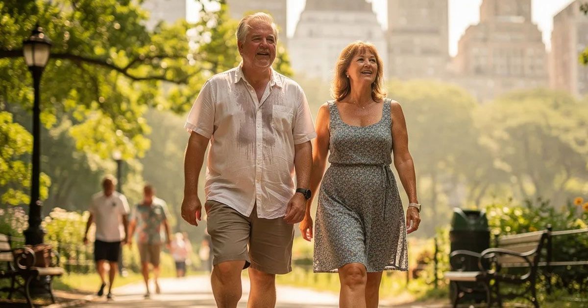 Two people walking hand in hand through a sunlit park with city buildings in the background