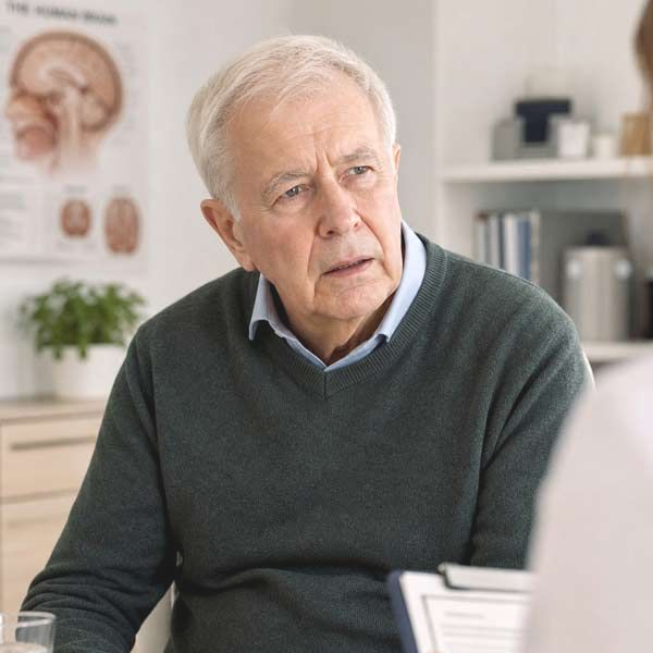Man with Age-Associated Memory Impairment in a dark sweater seated in a bright office, looking off to the side with a forgetful expression