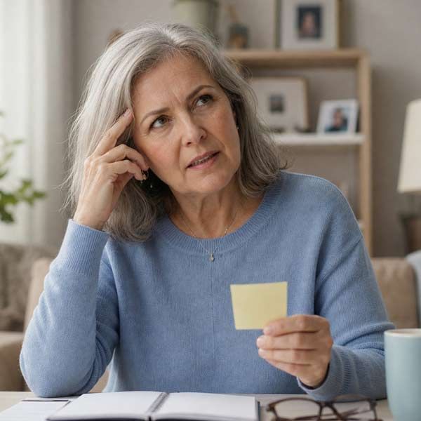 Woman with Alzheimer's-Related Cognitive Decline in a blue sweater thinking at a table, holding a yellow sticky note in a living room.