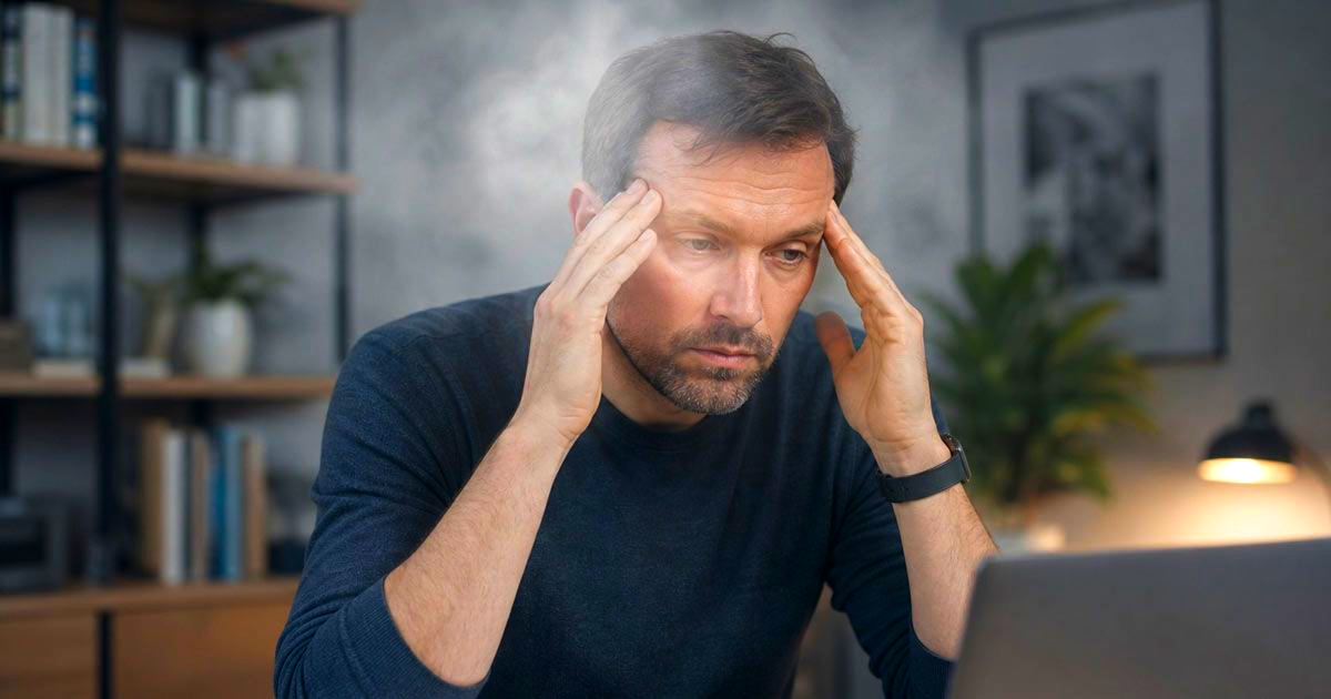 Man needing brain fog treatments NYC holding his temples at a desk, looking stressed while working on a laptop indoors
