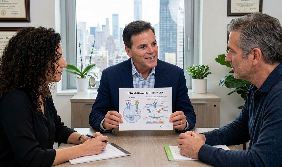 Dr. John Salerno is showing two patients a chart on how peptides are The Longevity and Age Management Tool Most People Don’t Realize They’re Already Missing
