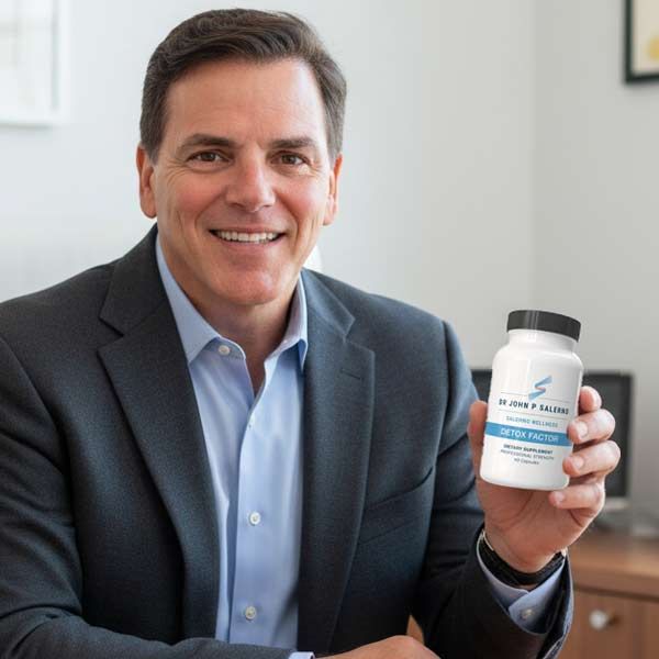 Dr. John Salerno, in a suit, smiles while holding a bottle of Salerno Vitamins supplement against a neutral background.