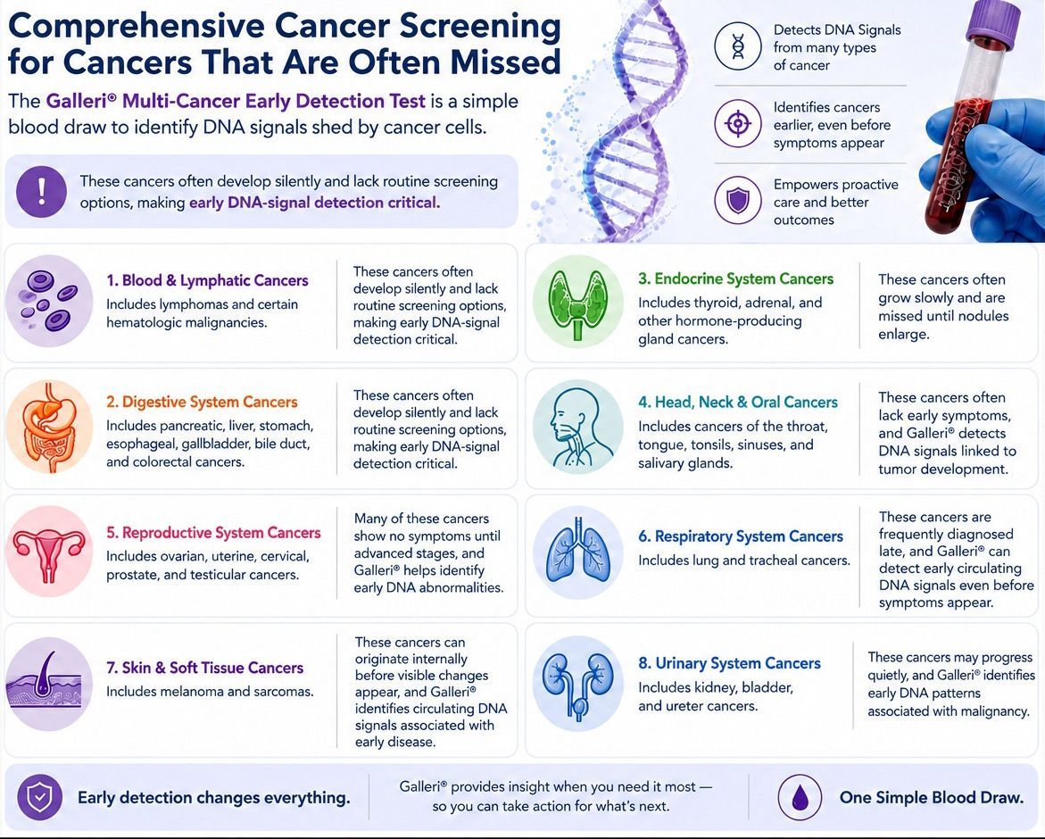 Infographic on Cancer Screening Test Receives FDA Endorsement for hard-to-detect cancers with icons,