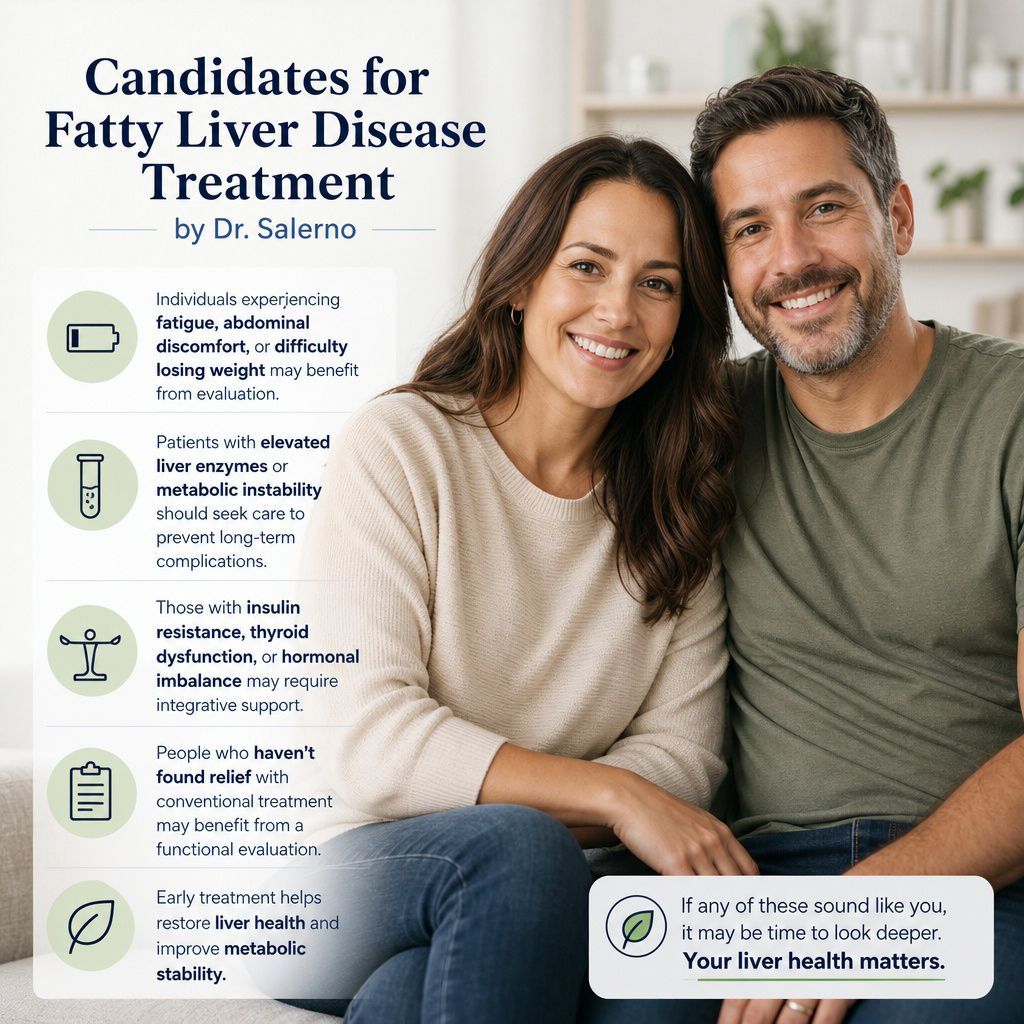 Click to Enlarge Candidates for Fatty Liver Disease treatments. A Smiling couple on a couch beside a poster about fatty liver disease treatment