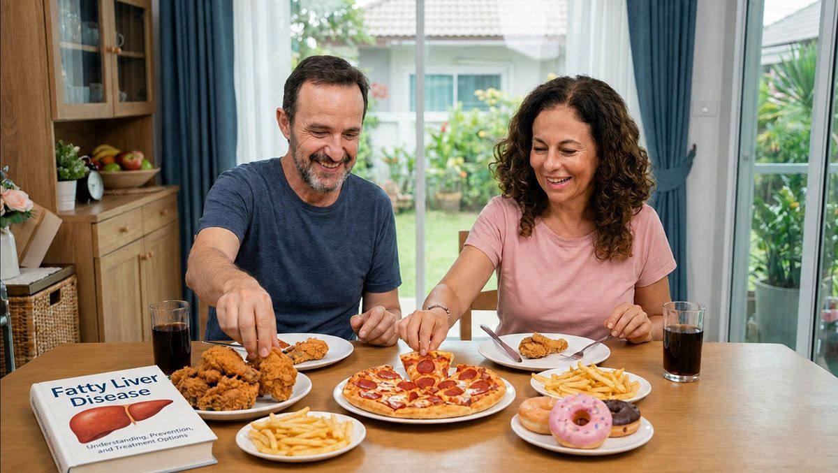 Two people who need Fatty Liver Disease Treatments NYC are eating donuts and fried chicken at a table with a pizza in a bright dining room.