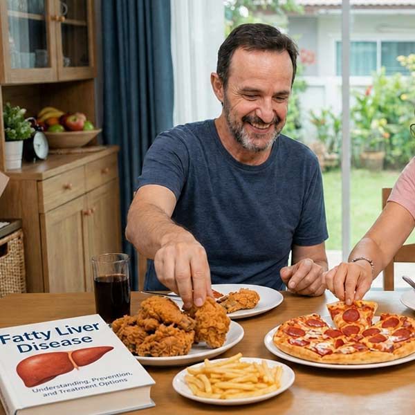 Man eating fried chicken and pizza at a table beside a book titled “Fatty Liver Disease”
