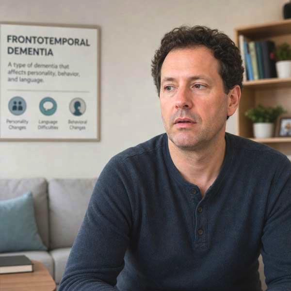 Man with Frontotemporal Dementia sitting on a couch in a living room with a frontotemporal dementia poster on the wall.