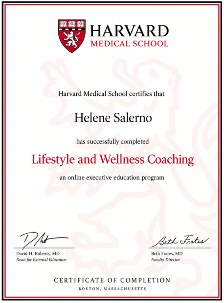 Helene Salerno Harvard Medical School certificate of completion for Lifestyle and Wellness Coaching, with red crest and signatures