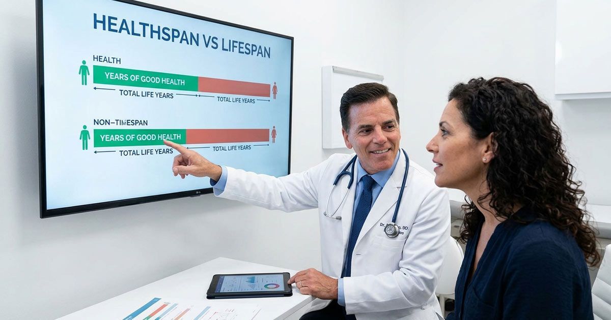 Dr. John Salerno explaining to a patient Are We Aging Too Fast? What Longevity Medicine Reveals About Your Healthspan