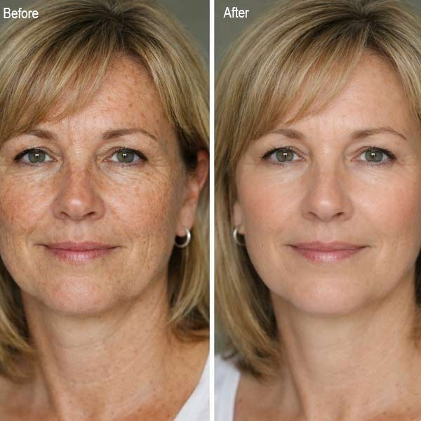 Side-by-side before-and-after portrait of a woman with smoother, lighter skin after IPL Therapy.