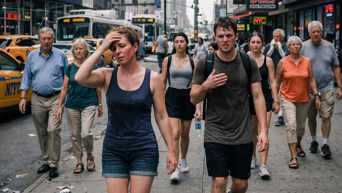 People walking through a NYC street, exhausted from the heat, need the best IV therapies for summer