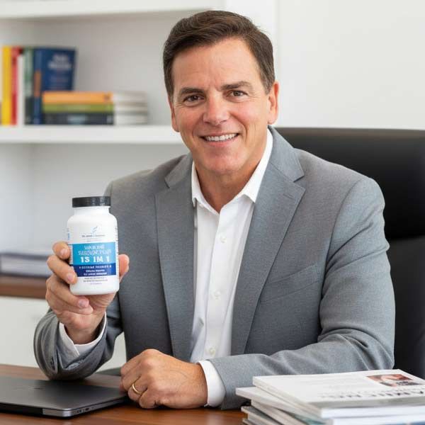 Dr John Salerno Holding a Bottle of Immune Factor Plus Supplement
