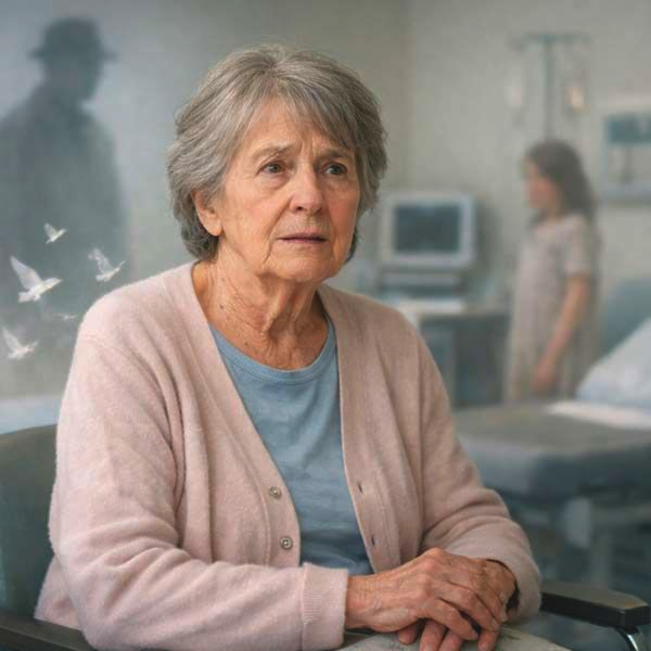 Older woman with Lewy Body Dementia seated in a hospital room, wearing a pink cardigan, seeing hallucinations