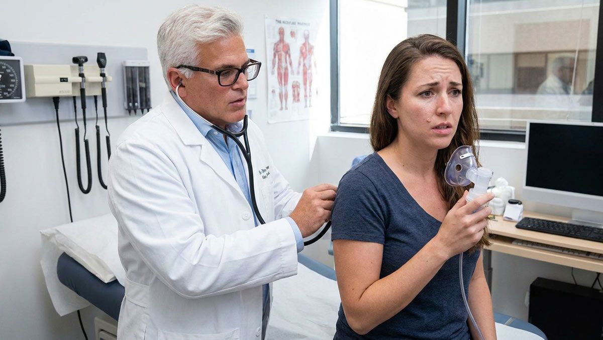 Dr. John Salero during Long COVID treatments NYC, with a worried patient holding an inhaler in a clinic exam room