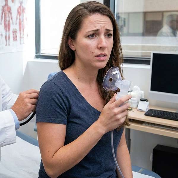 Woman with Long COVID in a clinic holding a nebulizer mask while a clinician adjusts medical equipment nearby.
