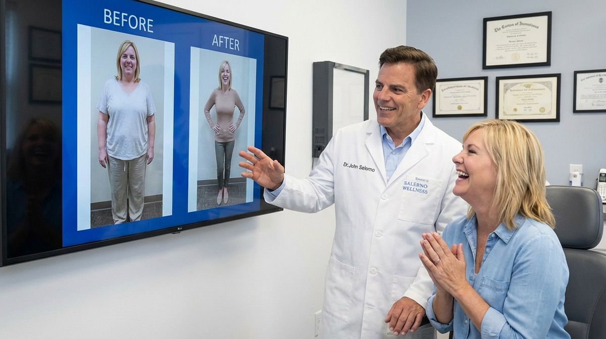 Dr. John Salerno show a patient the results of her medical weight loss program at Salerno Wellness