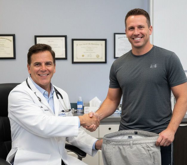Dr. John Salerno shakes hands with a male patient who successfully competed the Medical Weight Loss program