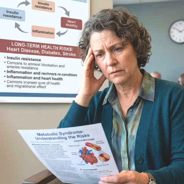 A woman in an office reads a poster and handout on Functional and Integrative Treatment for Metabolic Syndrome and heart disease risk.