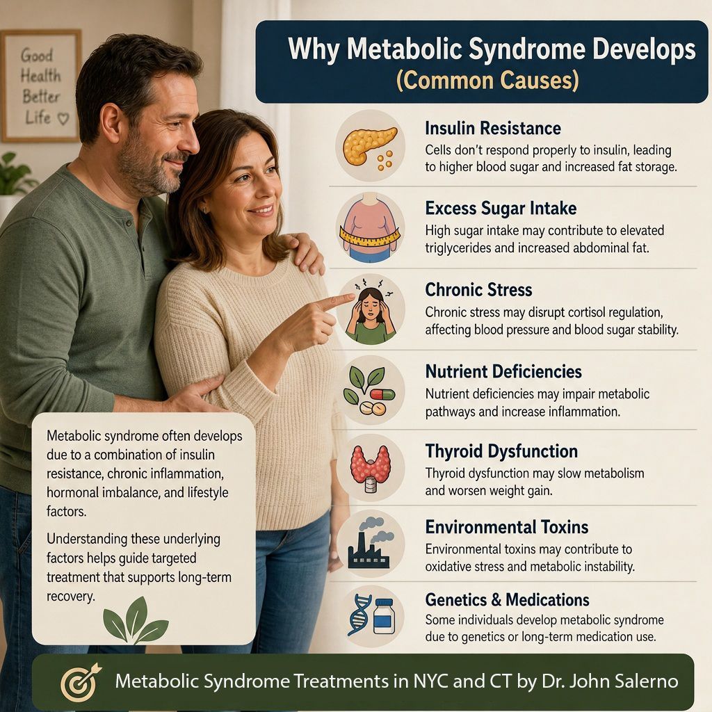 Click to Enlarge Infographic on the causes of metabolic syndrome beside a smiling couple, with beige and dark teal text panels.