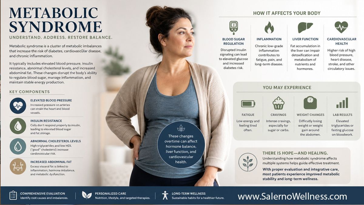 Click to Enlarge Metabolic syndrome treatments NYC infographic with a woman and icons for symptoms, causes, and prevention tips